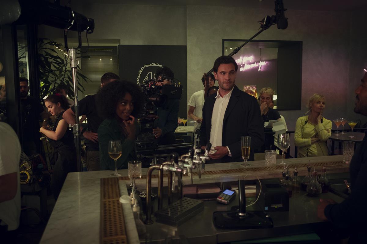 Simona Brown and Tom Bateman on the set of “Behind Her Eyes.” Cr: Mark Mainz/Netflix