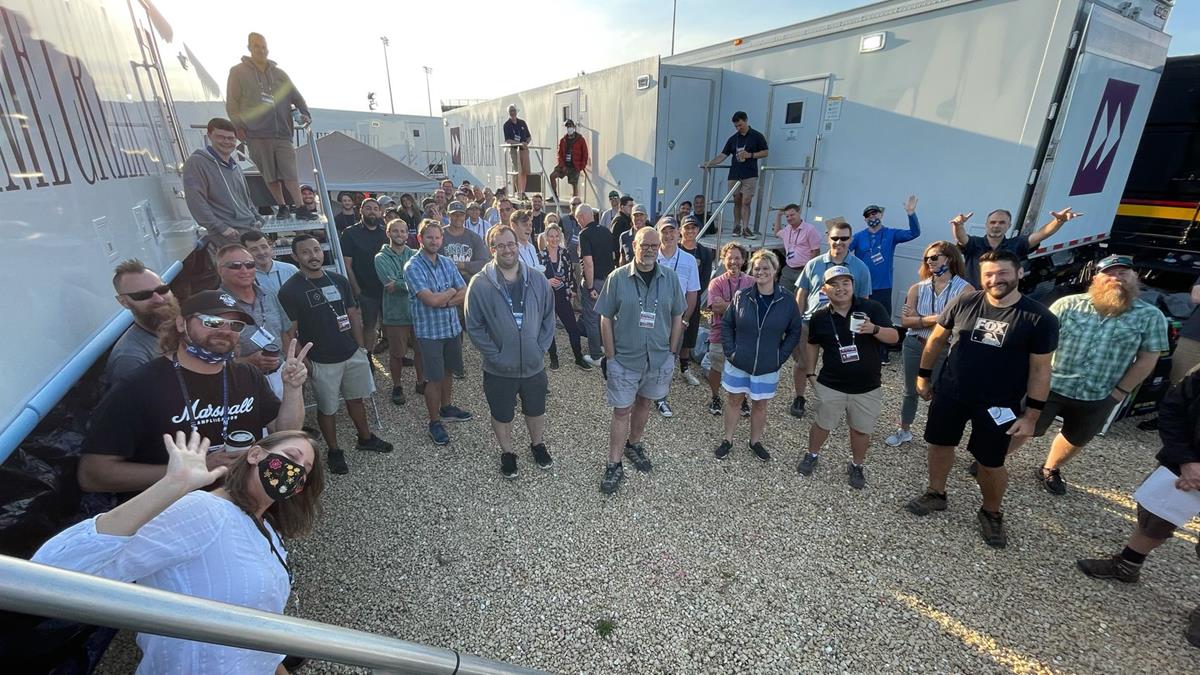 Some of the more than 240-strong FOX Sports team that delivered the game in 4K HDR, employing multiple aerial production drones for the first time ever at an MLB game. Cr: Michael Davies, FOX Sports