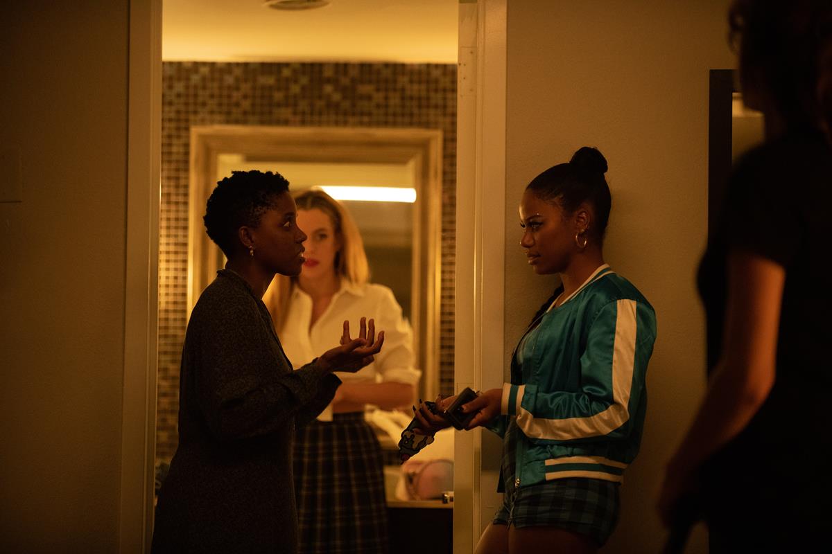 Director Janicza Bravo, Riley Keough and Taylour Paige on the set of “Zola.” Cr: Anna Kooris/A24