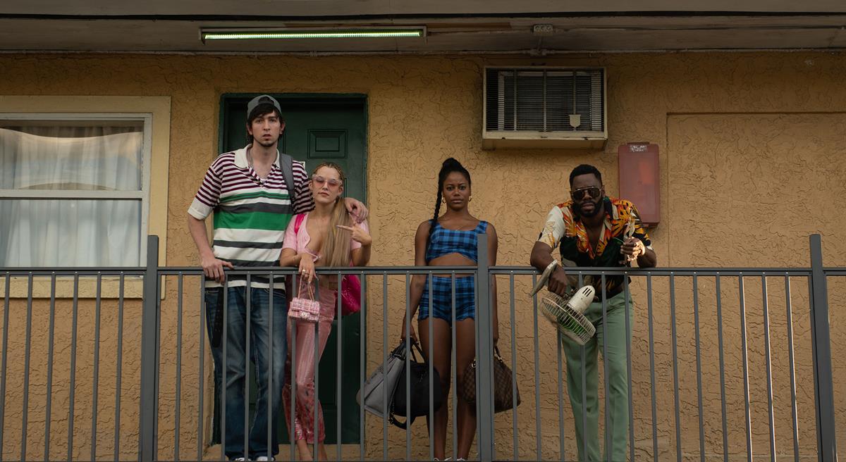 Nicholas Braun as Derrek, Riley Keough as Stefani, Taylour Paige as Zola and Colman Domingo as X in director Janicza Bravo’s “Zola.” Cr: Anna Kooris/A24