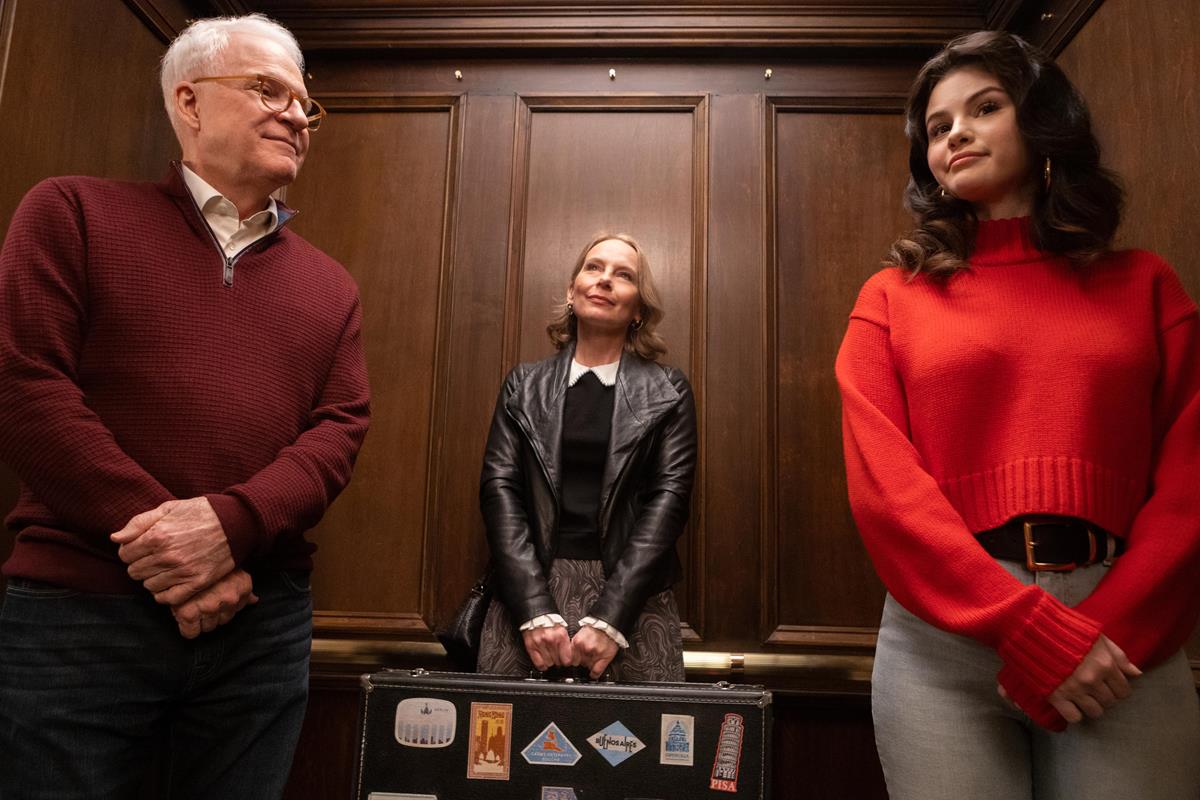 Steve Martin, Amy Ryan, and Selena Gomez in Episode 3 of “Only Murders in the Building.” Cr: Hulu