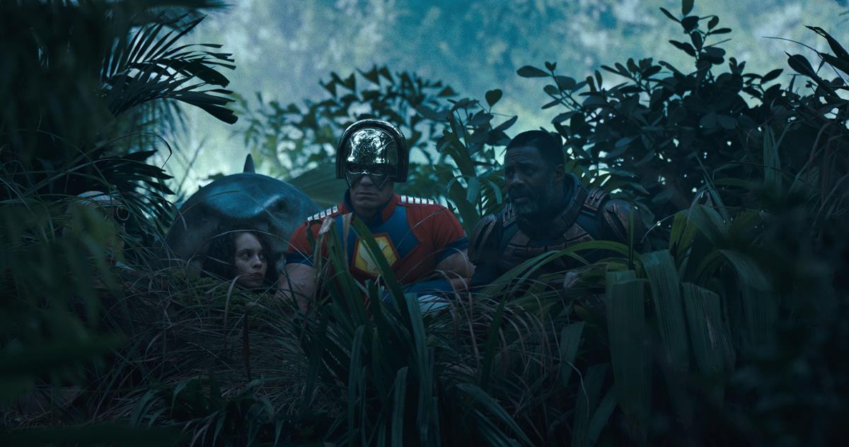 David Dastmalchian as Polka-Dot Man, King Shark, Daniela Melchior as Ratcatcher 2, John Cena as Peacemaker and Idris Elba as Bloodsport in director James Gunn’s “The Suicide Squad.” Cr: Warner Bros. Pictures/DC Comics