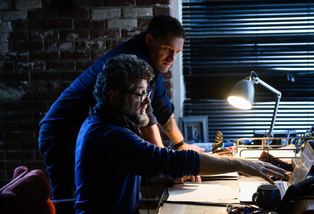 Director Andy Serkis and Tom Hardy on the set of “Venom: Let There Be Carnage.” Cr: Sony Pictures