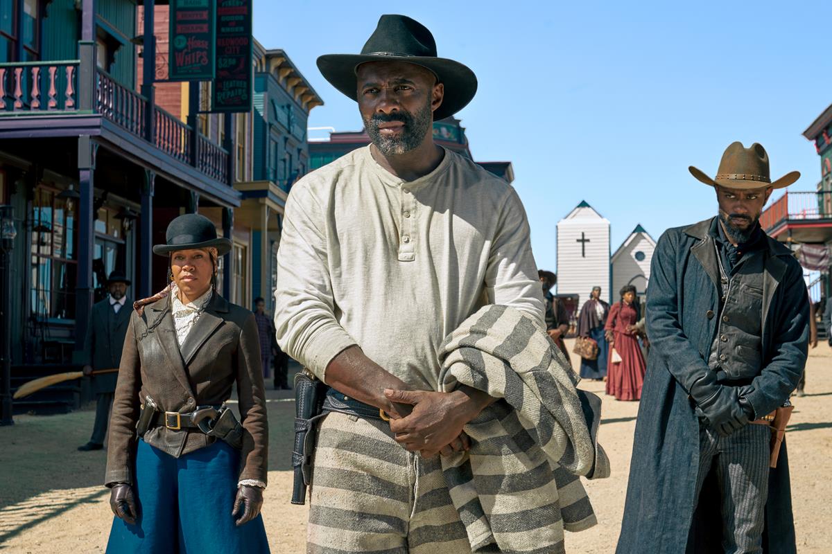 Regina King as Trudy Smith, Idris Elba as Rufus Buck, Lakeith Stanfield as Cherokee Bill in director Jeymes Samuel’s “The Harder They Fall.” Cr: Netflix