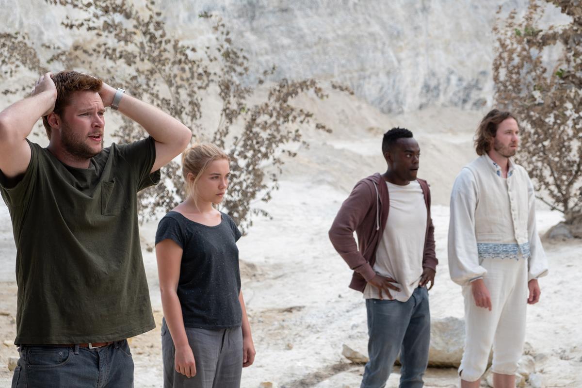 Jack Reynor as Christian Hughes, Florence Pugh as Dani Ardor, William Jackson Harper as Josh, and Vilhelm Blomgren as Pelle in director Ari Aster’s “Midsommar.” Cr: A24