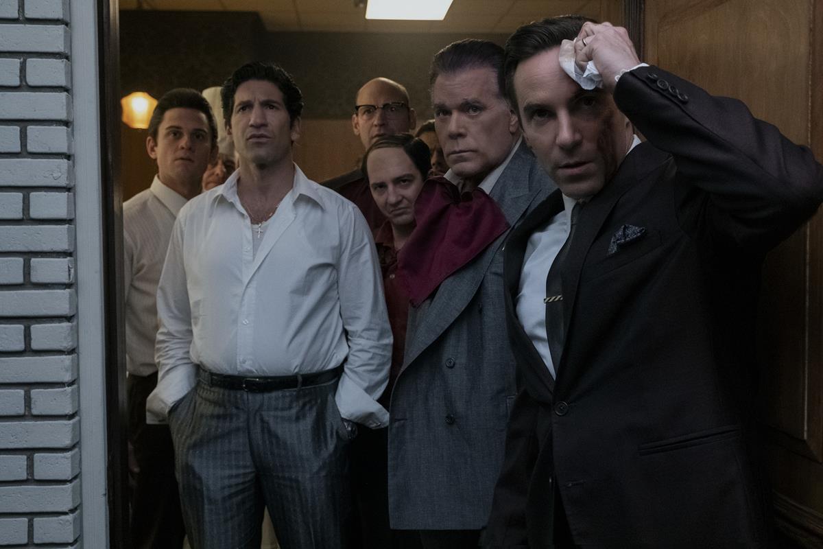 Billy Magnussen as Paulie Walnuts, Jon Bernthal as Johnny Soprano, Corey Stoll as Junior Soprano, John Magaro as Silvio Dante, Ray Liotta as "Hollywood Dick" Moltisanti and Alessandro Nivola as Dickie Moltisanti. in “The Many Saints of Newark.” Cr: Barry Wetcher/Warner Bros. Pictures