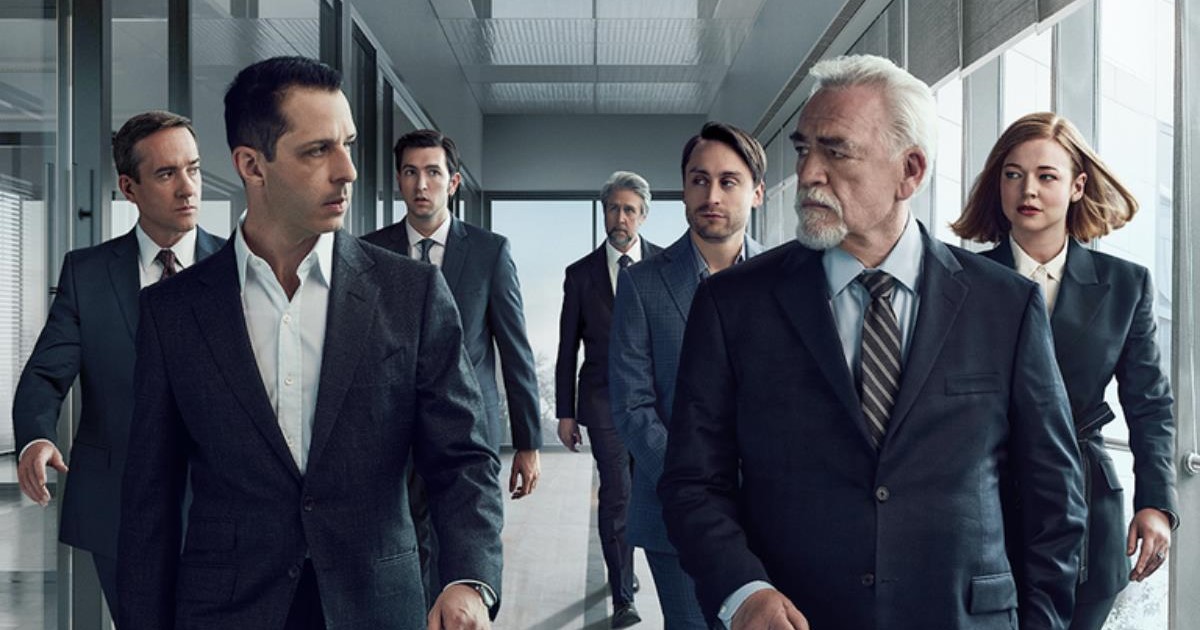 Kieran Culkin as Roman Roy, Alan Ruck as Connor Roy, Brian Cox as Logan Roy, Matthew Macfadyen as Tom Wambsgans, Jeremy Strong as Kendall Roy, Nicholas Braun as Greg Hirsch, and Sarah Snook as Shiv Roy in “Succession.” Cr: HBO