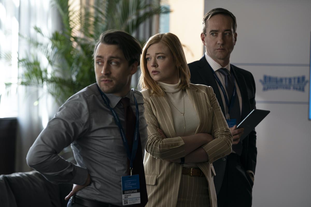 Kieran Culkin as Roman Roy, Sarah Snook as Shiv Roy, and Matthew Macfadyen as Tom Wambsgans in Season 3 Episode 5 of “Succession.” Cr: HBO