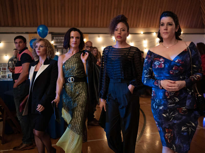 Christina Ricci as Misty, Juliette Lewis as Natalie, Tawny Cypress as Taissa, and Melanie Lynskey as Shauna in season 1 episode 10 of “Yellowjackets.” Cr: Showtime
