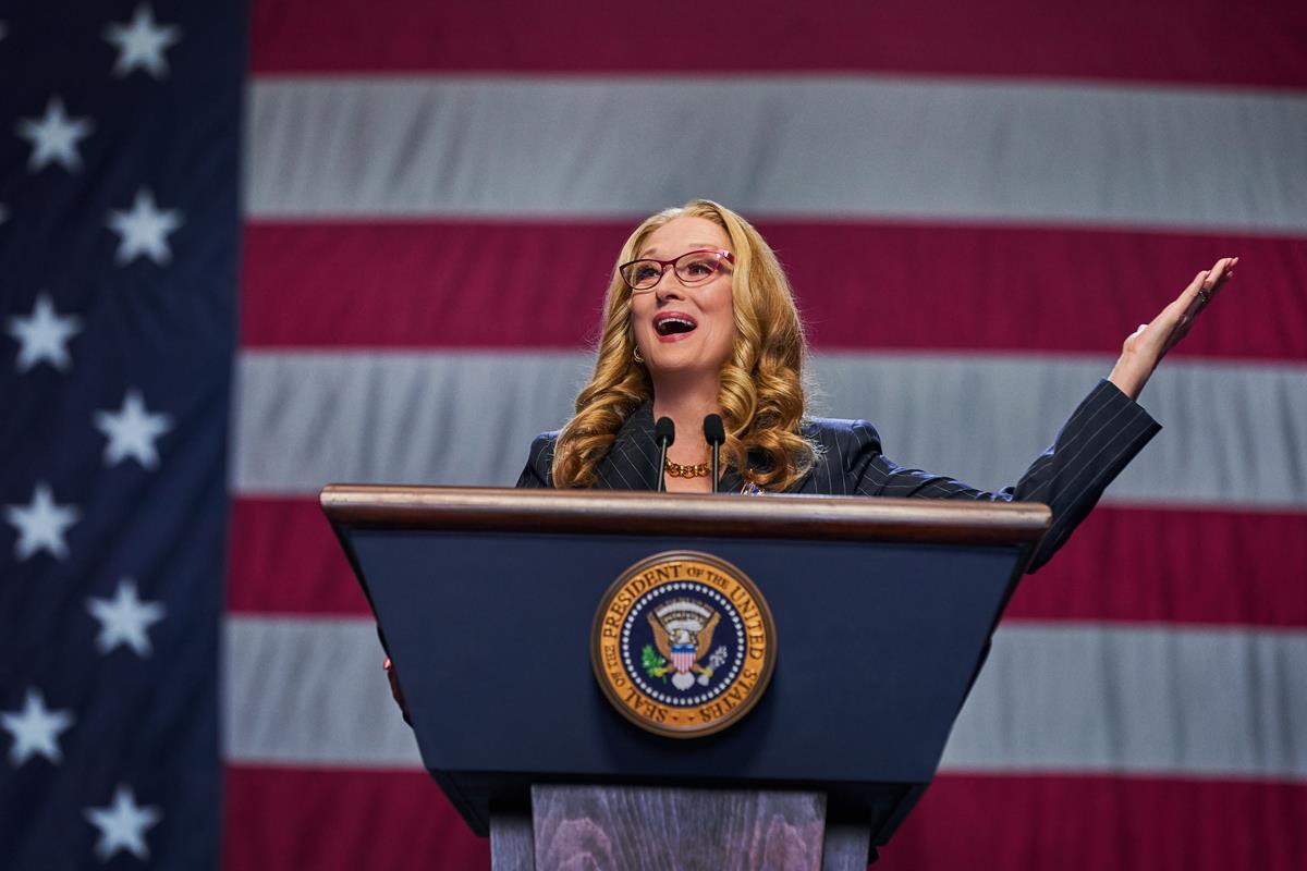 Meryl Streep as President Orlean in director Adam McKay’s “Don’t Look Up.” Cr: Niko Tavernise/Netflix