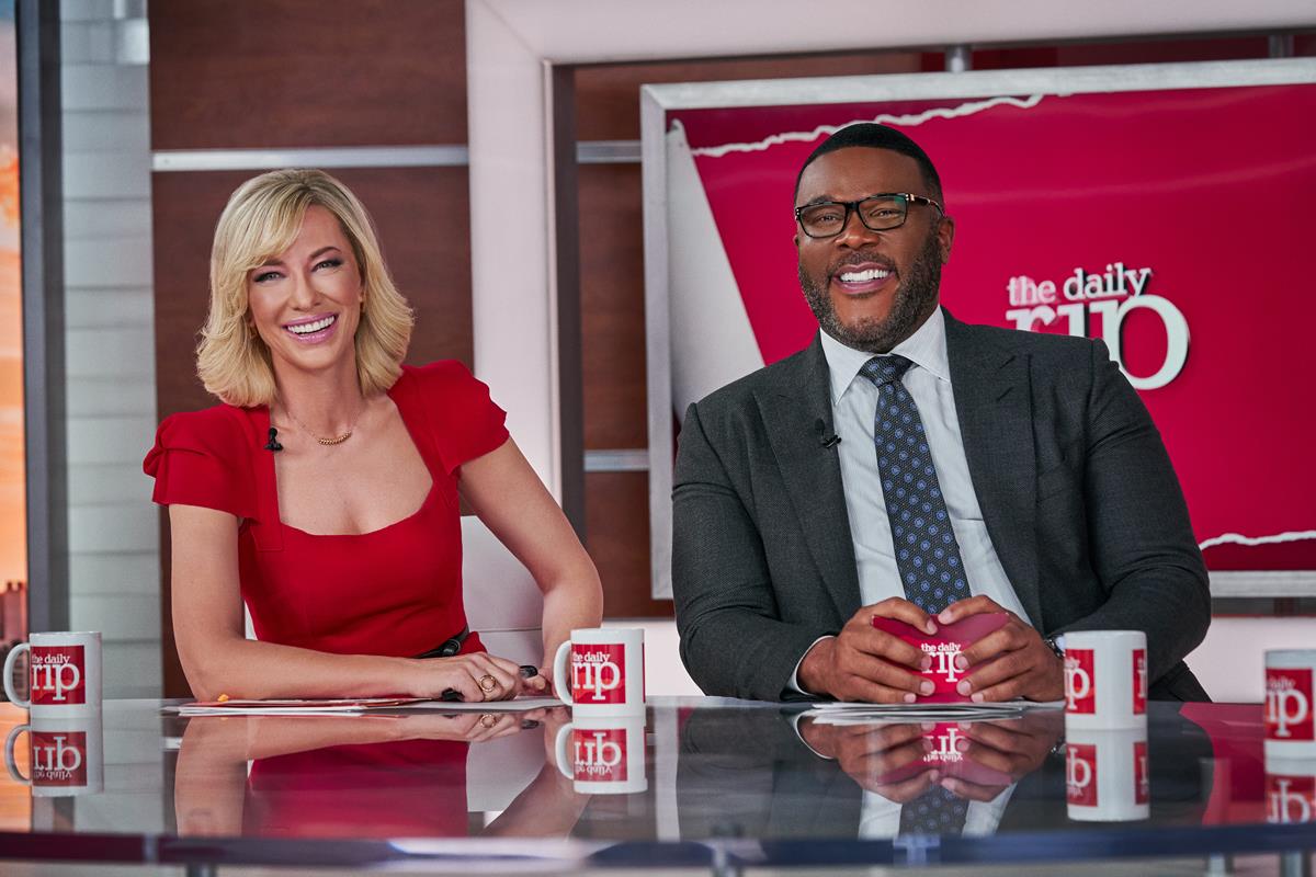 Cate Blanchett as Brie Evantee and Tyler Perry as Jack Bremmer in director Adam McKay’s “Don’t Look Up.” Cr: Niko Tavernise/Netflix