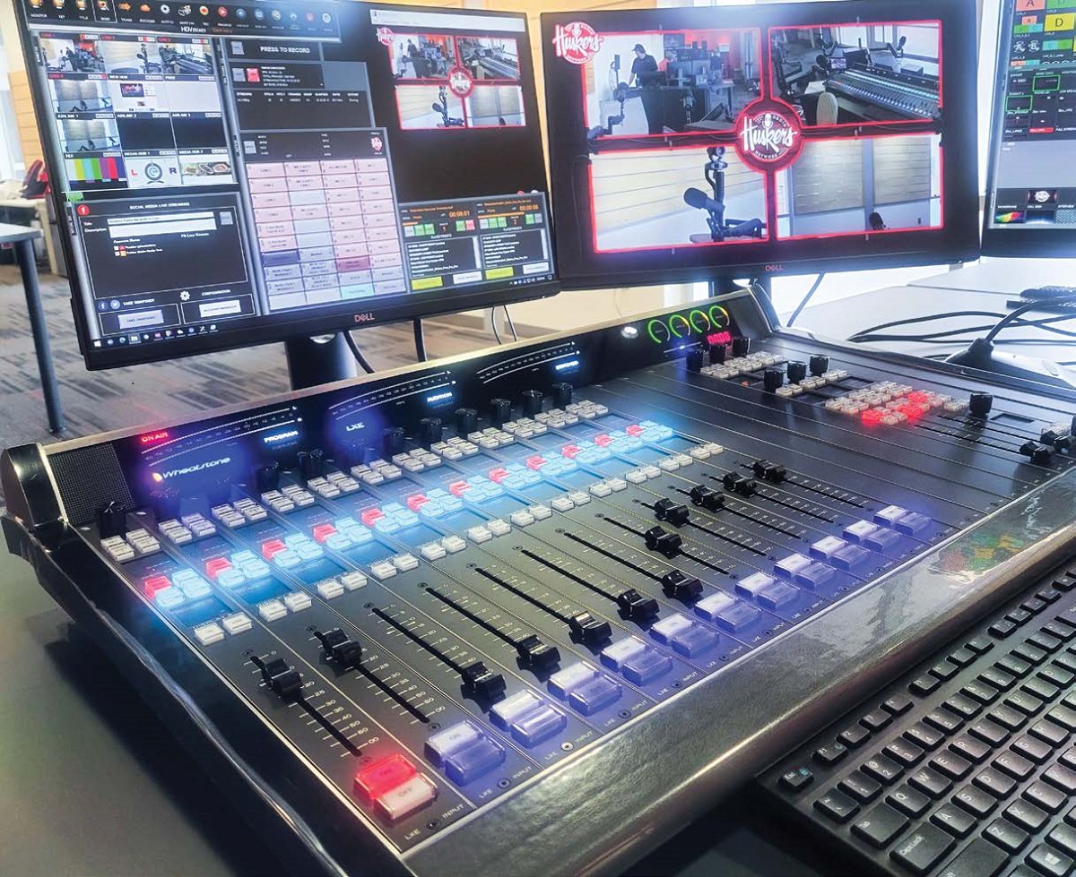 This producer position monitors and operates the HDVMixer video production system, supported by a Wheatstone audio surface.