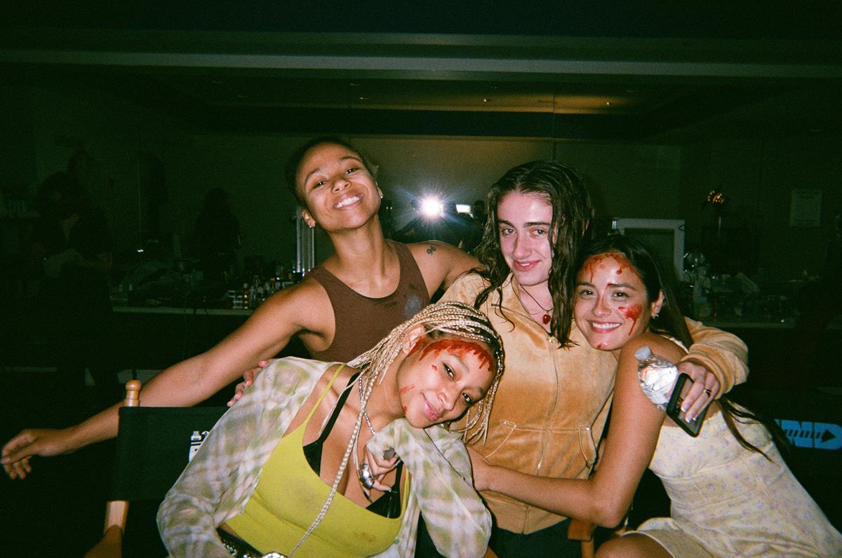 Myha’la Herrold, Amandla Stenberg, Rachel Sennott, and Chase Sui Wonders on the set of “Bodies Bodies Bodies” Cr: A24