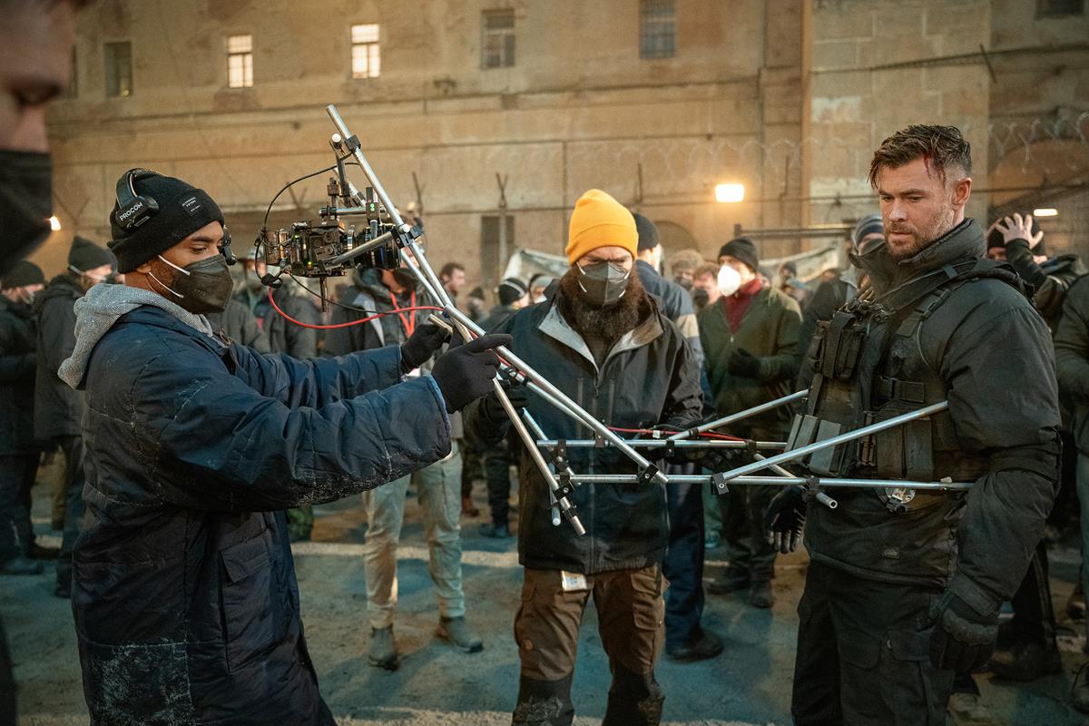 Director Sam Hargrave and Chris Hemsworth on the set of “Extraction 2.” Cr: Jasin Boland/Netflix