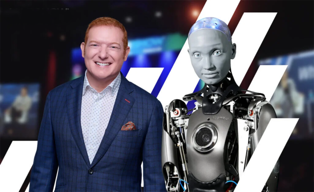 Futuri CEO Daniel Anstandig with Ameca, an autonomously AI-powered humanoid robot